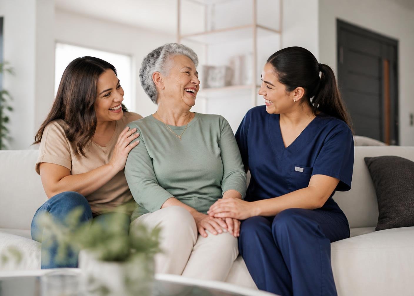 Caregiver and family laughing together with an elderly patient at home